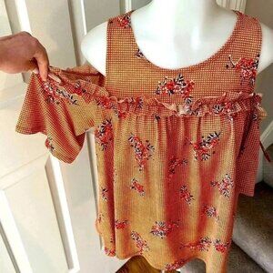 Size M burnt orange and flower cold shoulder flowy top from LC by Lauren Conrad